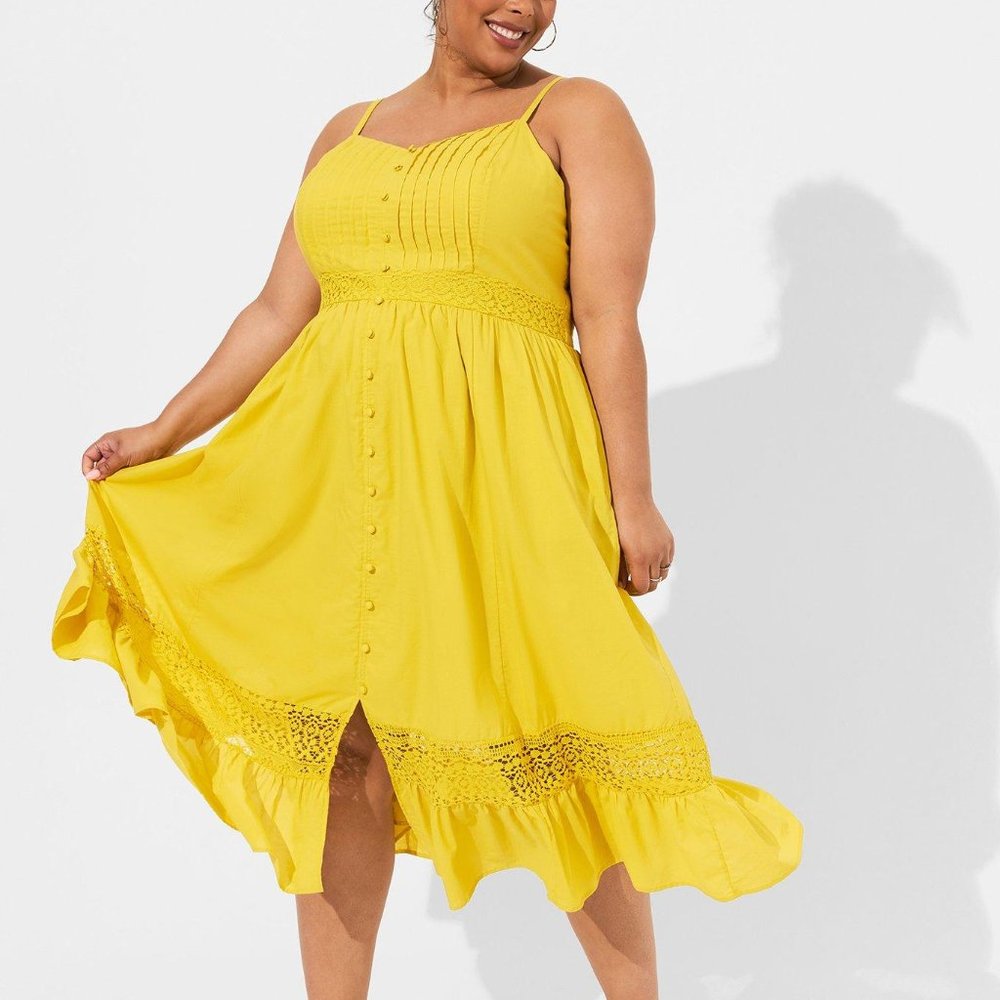 Torrid Yellow Midi Voile Stripe Lace Sleeveless Dress